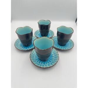 Vintage Visun China Turquoise Crackle Carnation Cup & Saucer Set of 4 MCM